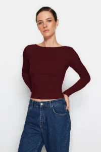TRENDYOLMİLLA Dark Burgundy Cotton Low-cut back Fitted Flexible Knitting Blouse - Image 3