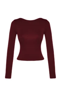 TRENDYOLMİLLA Dark Burgundy Cotton Low-cut back Fitted Flexible Knitting Blouse - Image 7