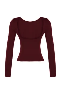 TRENDYOLMİLLA Dark Burgundy Cotton Low-cut back Fitted Flexible Knitting Blouse - Image 8