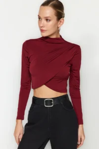 TRENDYOLMİLLA Burgundy Dog collar Draped Body-fitting Flexible Knitting Crop Blouse - Image 2