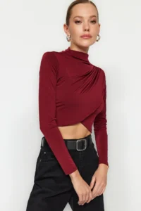 TRENDYOLMİLLA Burgundy Dog collar Draped Body-fitting Flexible Knitting Crop Blouse - Image 4