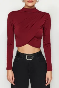 TRENDYOLMİLLA Burgundy Dog collar Draped Body-fitting Flexible Knitting Crop Blouse - Image 5