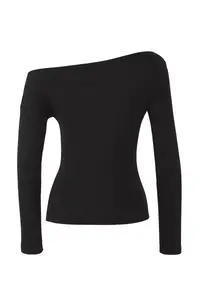 TRENDYOLMİLLA Black Plain Soft Fabric Fitted Boat Neck Knitting Blouse - Image 8