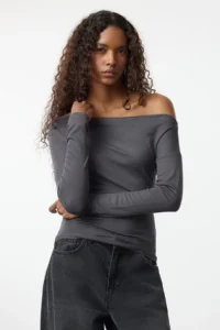 TRENDYOLMİLLA Anthracite Plain Soft Fabric Fitted Boat Neck Knitting Blouse - Image 2