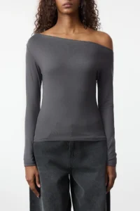 TRENDYOLMİLLA Anthracite Plain Soft Fabric Fitted Boat Neck Knitting Blouse - Image 3