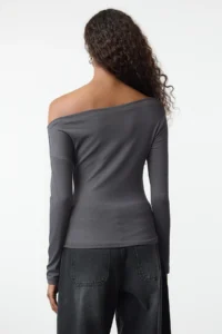 TRENDYOLMİLLA Anthracite Plain Soft Fabric Fitted Boat Neck Knitting Blouse - Image 5