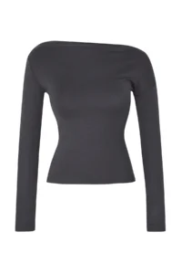 TRENDYOLMİLLA Anthracite Plain Soft Fabric Fitted Boat Neck Knitting Blouse - Image 6