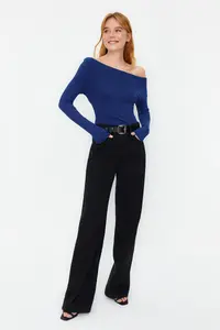 TRENDYOLMİLLA Light Navy Soft Fabric Fitted Boat Neck Knitting Blouse - Image 2