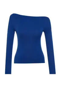 TRENDYOLMİLLA Light Navy Soft Fabric Fitted Boat Neck Knitting Blouse - Image 7
