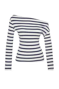 TRENDYOLMİLLA Navy Blue Striped Soft Fabric Fitted Boat Neck Knitting Blouse - Image 11