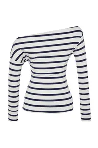 TRENDYOLMİLLA Navy Blue Striped Soft Fabric Fitted Boat Neck Knitting Blouse - Image 13