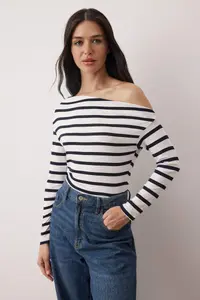 TRENDYOLMİLLA Navy Blue Striped Soft Fabric Fitted Boat Neck Knitting Blouse - Image 2