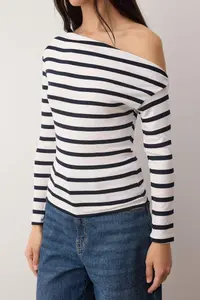 TRENDYOLMİLLA Navy Blue Striped Soft Fabric Fitted Boat Neck Knitting Blouse - Image 3