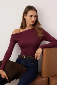 TRENDYOLMİLLA Plum Soft Fabric Fitted Boat Neck Knitting Blouse - Image 2