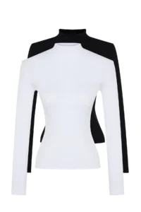 TRENDYOLMİLLA Black-White 2 Sets Package Ribbed Dog collar Fitted Long Sleeve Flexible Knitting Blouse - Image 14