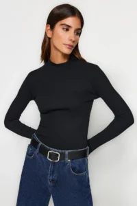 TRENDYOLMİLLA Black-White 2 Sets Package Ribbed Dog collar Fitted Long Sleeve Flexible Knitting Blouse - Image 3