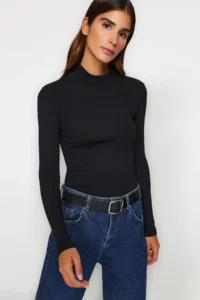 TRENDYOLMİLLA Black-White 2 Sets Package Ribbed Dog collar Fitted Long Sleeve Flexible Knitting Blouse - Image 4