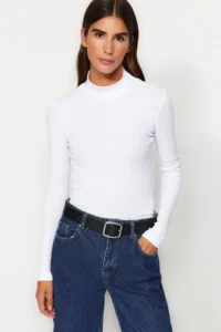 TRENDYOLMİLLA Black-White 2 Sets Package Ribbed Dog collar Fitted Long Sleeve Flexible Knitting Blouse - Image 8