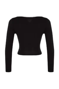 TRENDYOLMİLLA Black Derin Double breasted Yaka Lace Detailed Long Sleeve Crop Cotton Flexible Knitting Blouse - Image 10