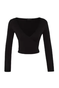 TRENDYOLMİLLA Black Derin Double breasted Yaka Lace Detailed Long Sleeve Crop Cotton Flexible Knitting Blouse - Image 8
