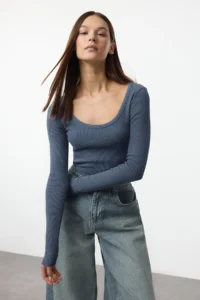 TRENDYOLMİLLA Indigo Antique/Faded Effect Ribbed Cowl Neck Fitted Cotton Knitting Blouse