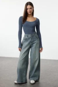 TRENDYOLMİLLA Indigo Antique/Faded Effect Ribbed Cowl Neck Fitted Cotton Knitting Blouse - Image 2