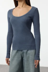 TRENDYOLMİLLA Indigo Antique/Faded Effect Ribbed Cowl Neck Fitted Cotton Knitting Blouse - Image 4
