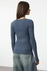 TRENDYOLMİLLA Indigo Antique/Faded Effect Ribbed Cowl Neck Fitted Cotton Knitting Blouse - Image 5