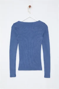 TRENDYOLMİLLA Indigo Antique/Faded Effect Ribbed Cowl Neck Fitted Cotton Knitting Blouse - Image 6