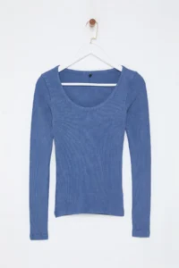 TRENDYOLMİLLA Indigo Antique/Faded Effect Ribbed Cowl Neck Fitted Cotton Knitting Blouse - Image 7
