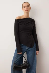 TRENDYOLMİLLA Black Drapeli Boat Neck Asymmetric Flexible Long Sleeve Knitting Blouse - Image 2