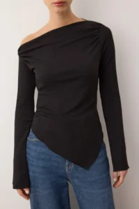 TRENDYOLMİLLA Black Drapeli Boat Neck Asymmetric Flexible Long Sleeve Knitting Blouse - Image 3