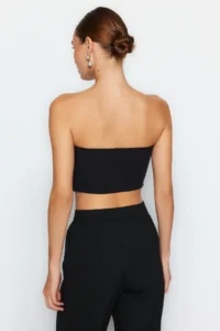TRENDYOLMİLLA Black Strapless Button Detailed Crop Weaving Blouse - Image 12