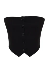 TRENDYOLMİLLA Black Strapless Button Detailed Crop Weaving Blouse - Image 13