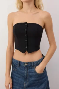 TRENDYOLMİLLA Black Strapless Button Detailed Crop Weaving Blouse - Image 3