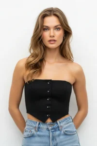 TRENDYOLMİLLA Black Strapless Button Detailed Crop Weaving Blouse - Image 5