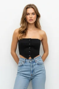 TRENDYOLMİLLA Black Strapless Button Detailed Crop Weaving Blouse - Image 6