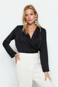 TRENDYOLMİLLA Black Double breasted Satin Weaving Blouse - Image 5
