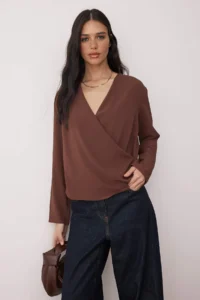 TRENDYOLMİLLA Brown Double breasted Satin Weaving Blouse  Bodysuit
