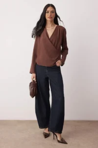 TRENDYOLMİLLA Brown Double breasted Satin Weaving Blouse  Bodysuit - Image 2
