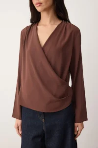 TRENDYOLMİLLA Brown Double breasted Satin Weaving Blouse  Bodysuit - Image 3