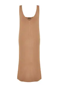 TRENDYOLMİLLA Beige Maxi V-neck gilet Knit Dress - Image 8