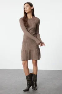 TRENDYOLMİLLA Mink Mini pleated Knit Dress - Image 2
