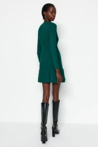 TRENDYOLMİLLA Emerald Green Mini pleated Knit Dress - Image 6