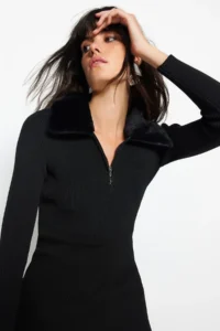 TRENDYOLMİLLA Black Mini Faux Fur Detailed Knit Dress - Image 4