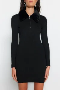 TRENDYOLMİLLA Black Mini Faux Fur Detailed Knit Dress - Image 5