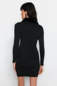 TRENDYOLMİLLA Black Mini Faux Fur Detailed Knit Dress - Image 6