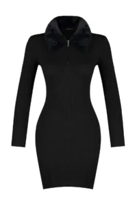 TRENDYOLMİLLA Black Mini Faux Fur Detailed Knit Dress - Image 7