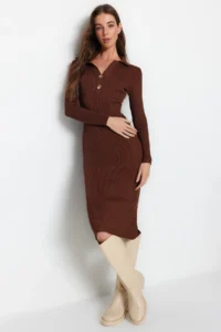 TRENDYOLMİLLA Brown Midi Polo Shirt Collar Knit Dress