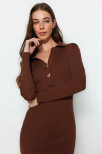 TRENDYOLMİLLA Brown Midi Polo Shirt Collar Knit Dress - Image 2